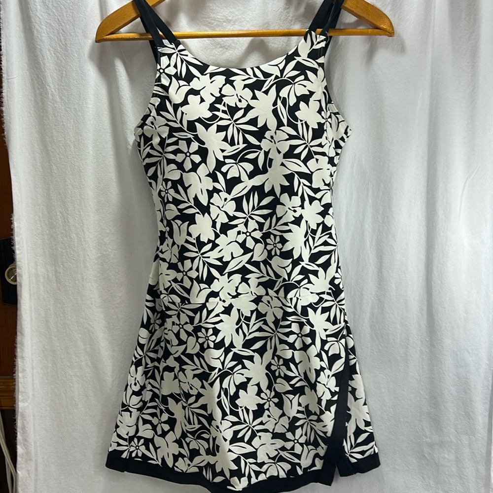 Lands End Swim Dress One Piece Black White Floral size 12